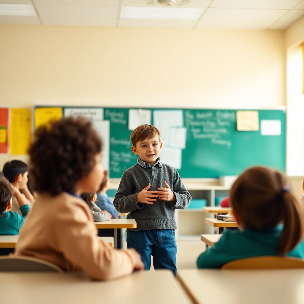 A child presenting in a classroom
